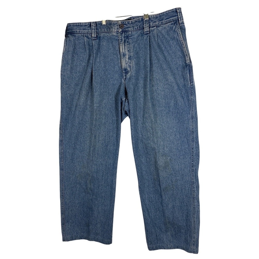 Eddie Bauer Mens Relaxed Fit Pleated Denim Jeans Blue Elastic Waist Size 38